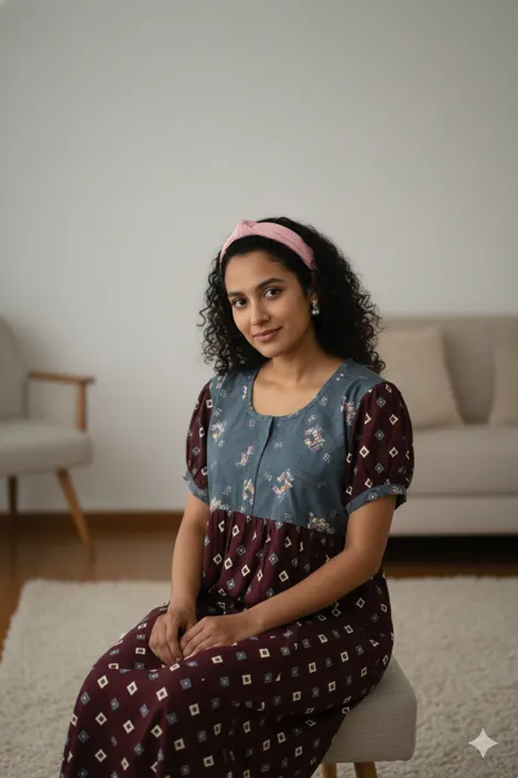 Grey Maroon Frock Nighty